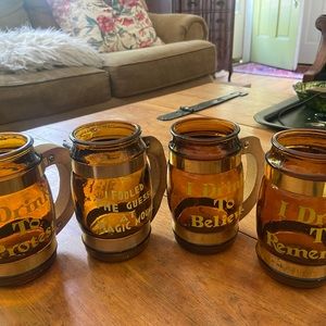 4 Vintage Amber Glass Beer Mugs
